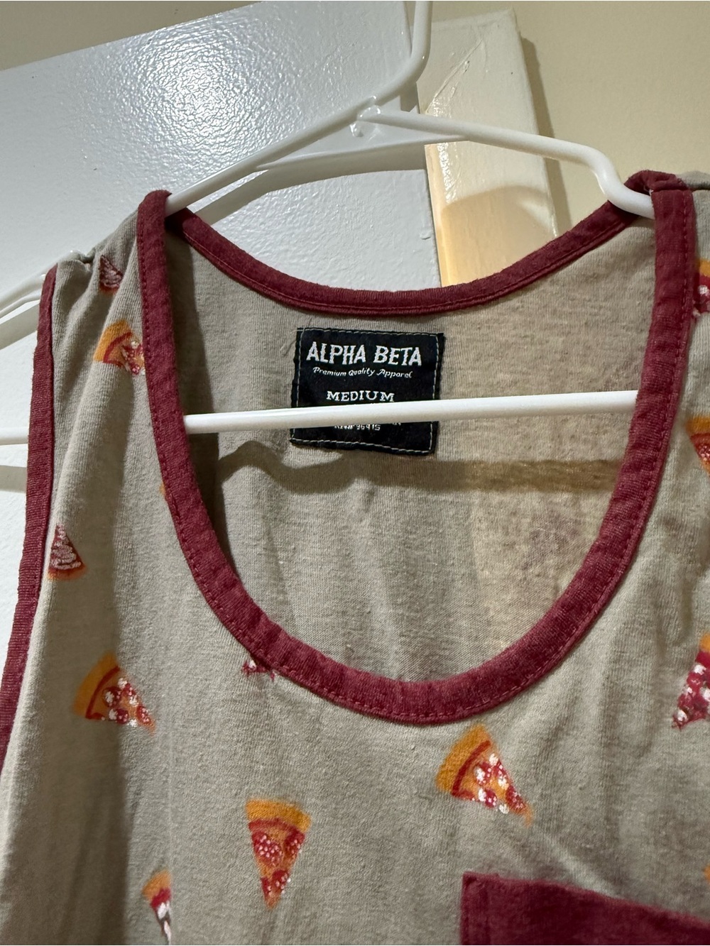 Alpha Beta Men's Beige Pizza Print Tank Top with Burgundy Trim, size M